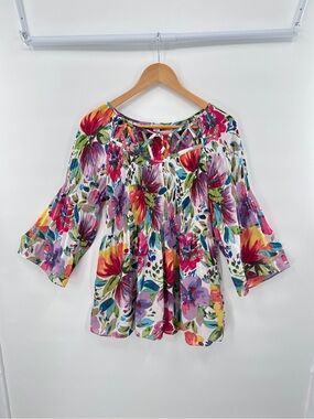 Spense Floral Top Lattice Cutout Neck Smocked w/ Flare Sleeve Medium Blouse